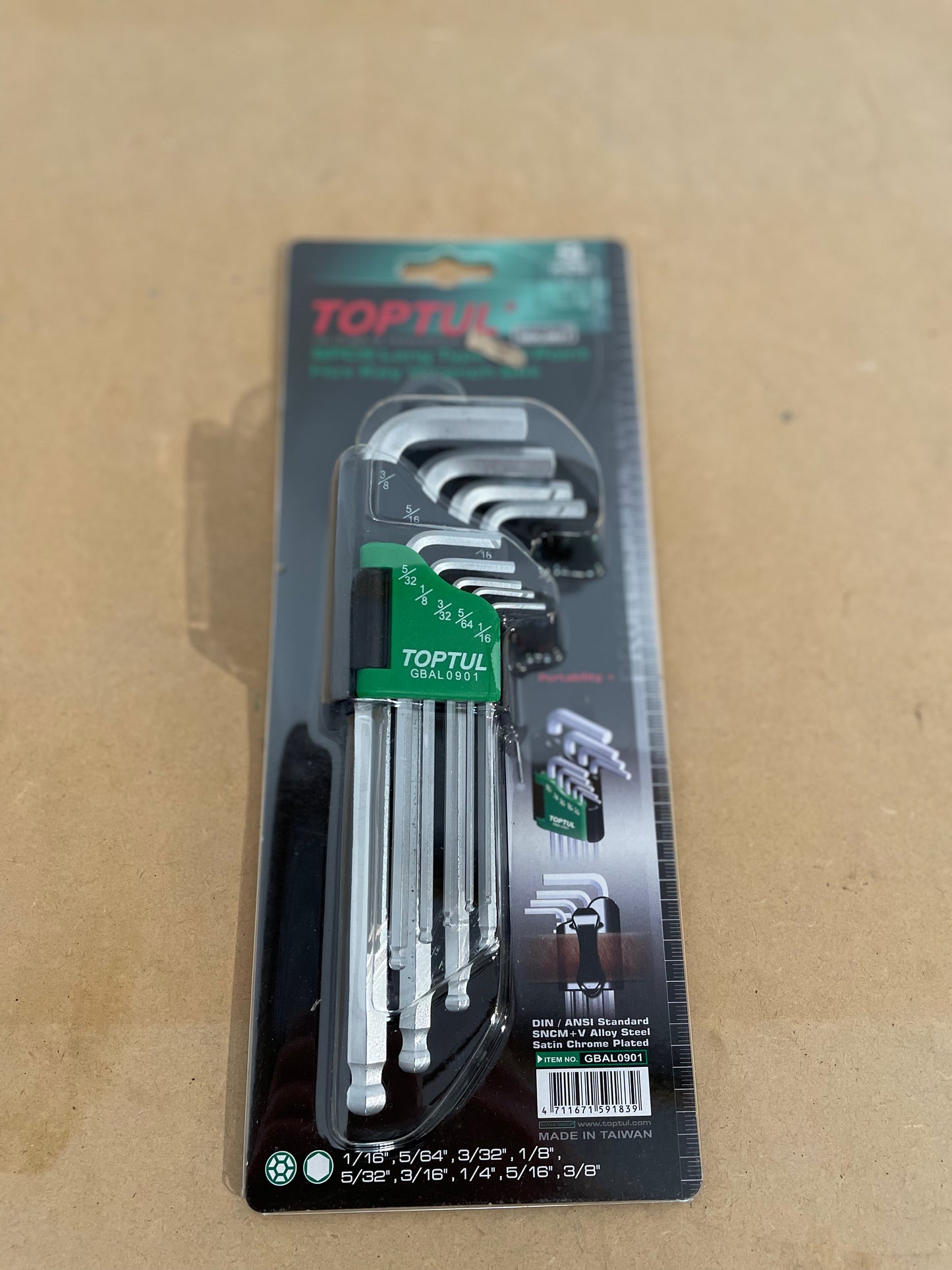 9Pce Long Ball Hex Key Set 1/16"-3/8"
