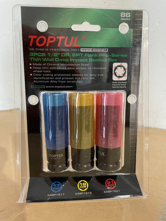 Toptul 1/2" Dr Deep Impact Wheel Nut Socket Set 3pc